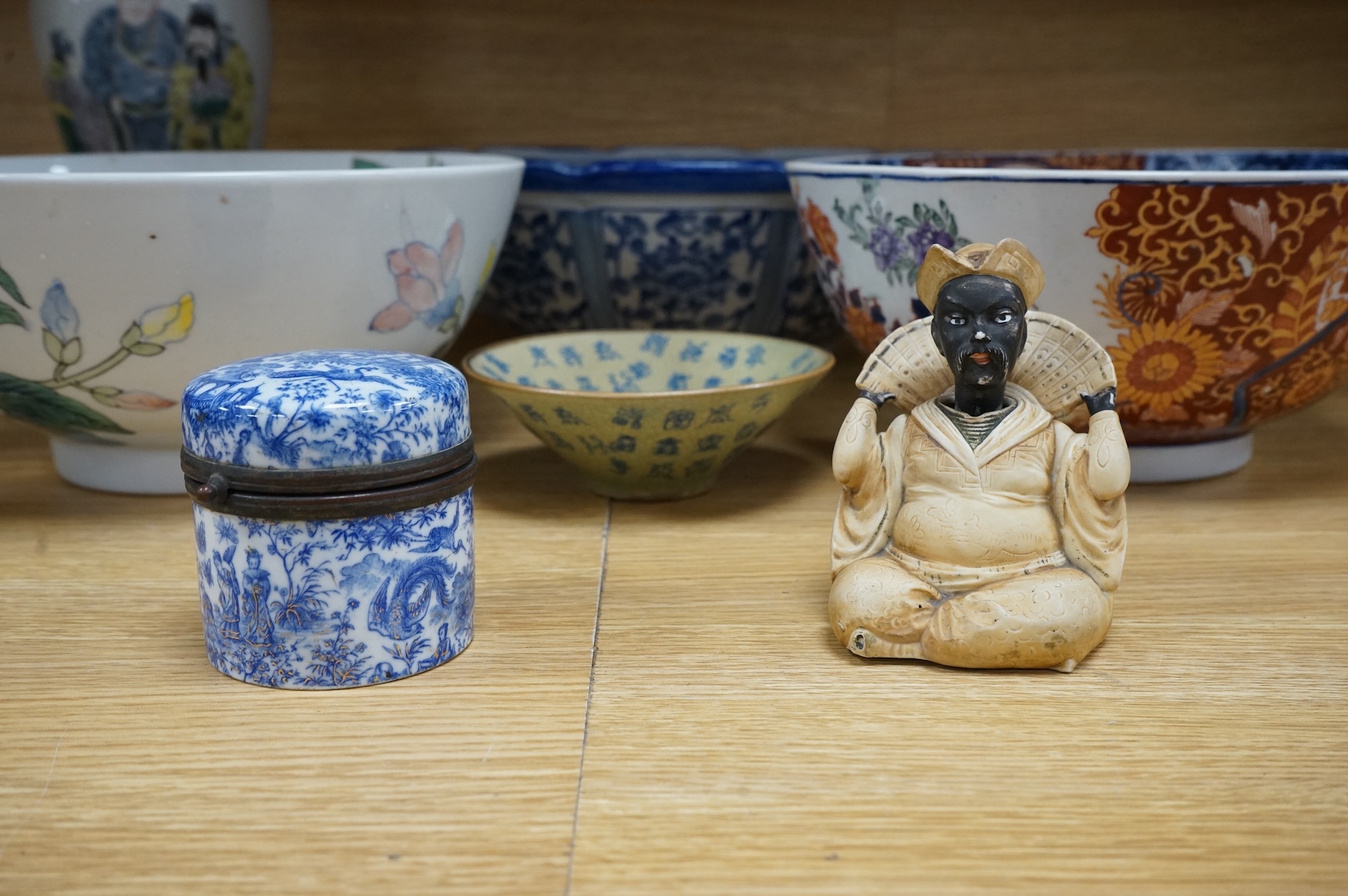 A collection of Chinese mixed ceramics, largest blue and white bowl 33cm diameter